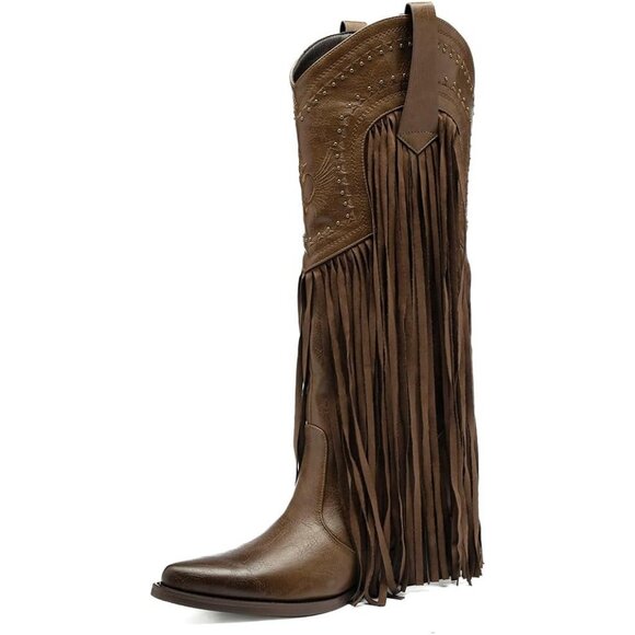 Women's Fashion Pointed Toe Chunky Pull On Knee High Heel Embroidered Brown Boot - Picture 1 of 8